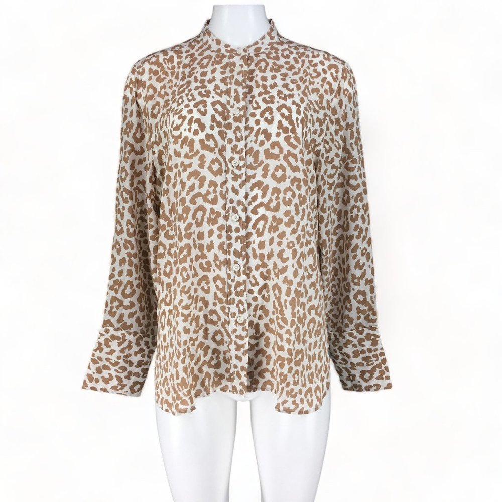 J. Crew Shirt Blouse Long Sleeve Classic  100% Silk Leopard Print Tan Ivory 14
